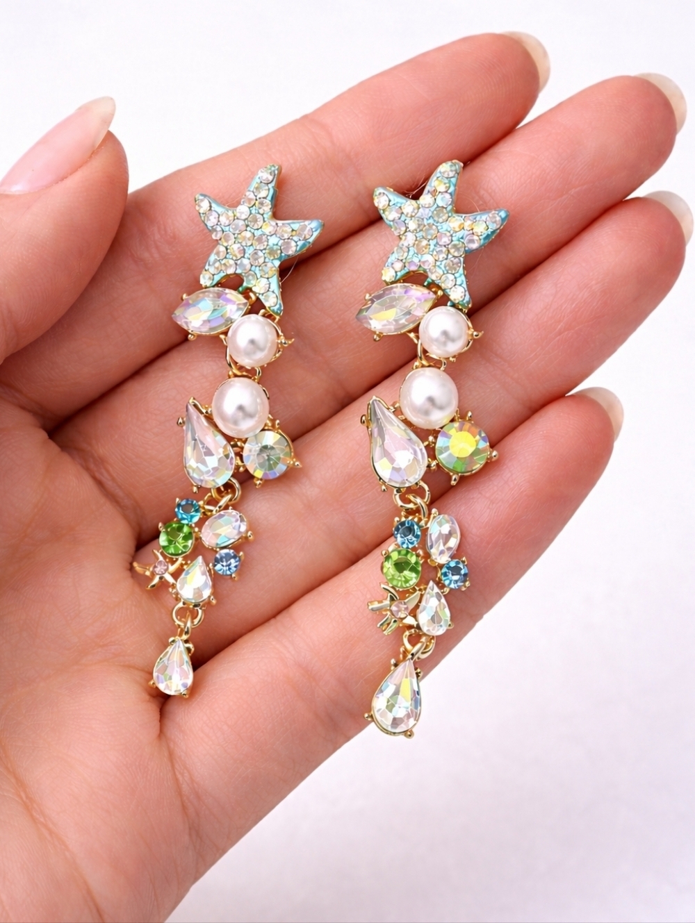 Colorful Starfish Rhinestone & Faux Pearl Drop Earrings